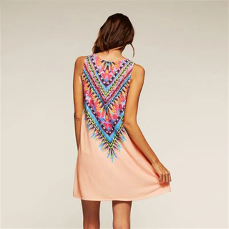 

Femme Summer Women's Casual Beach Bohemian Retro Dress Sexy Elegant Sleeveless Printed Chiffon Shirt Dress Vestidos Cortos