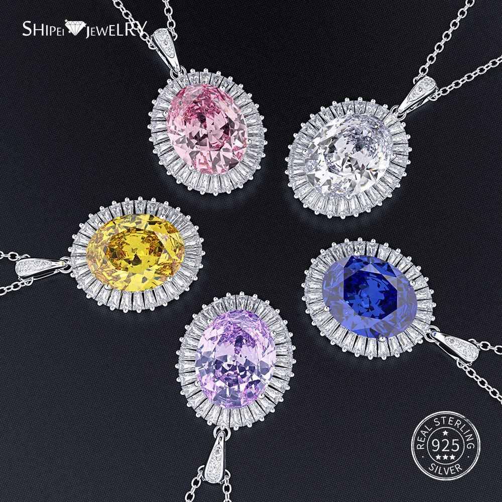 

Shipei 100% 925 Sterling Silver Fine Jewelry White Gold White Pink Sapphire Oval Pendant Necklace for Women Anniversary Gift
