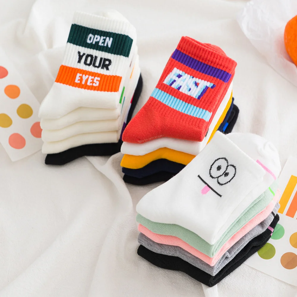 

5 Pairs Women Long Socks Set Cute Cartoon Fruit Letters Striped Expression Harajuku Socks Autumn Winter Korean Japanese Fashion