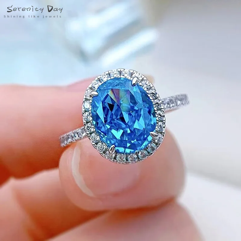 

Serenity Day Oval Aquamarine High Carbon Diamond Rings for Women S925 Sterling Silver Women Gift Ring Fine Jewelry Drop Shipping