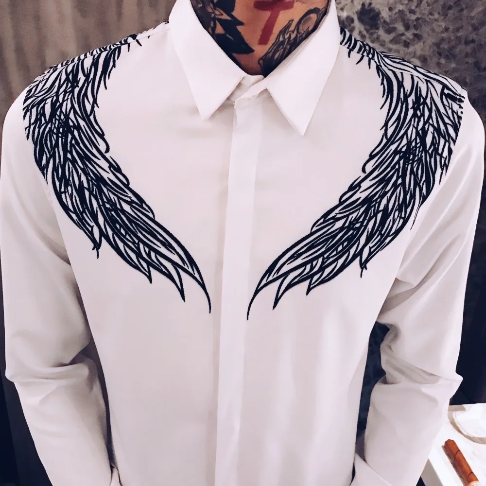 

Print Digital Streetwear Slim Fit Casual Dress Shirts Party M-4XL 2020 Autumn Men Shirt Long Sleeve Black White Shirt Men