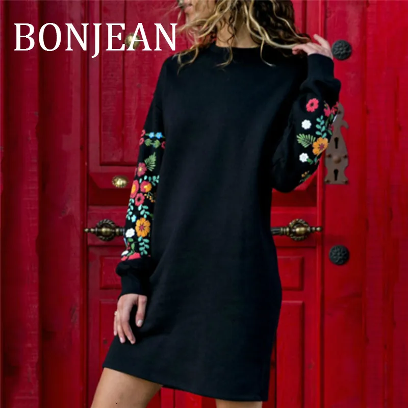 

BONJEAN, женское осеннее мини-платье с длинным рукавом, винтажные Короткие Платья с цветочным принтом, Женский пуловер, повседневное прямое пла...