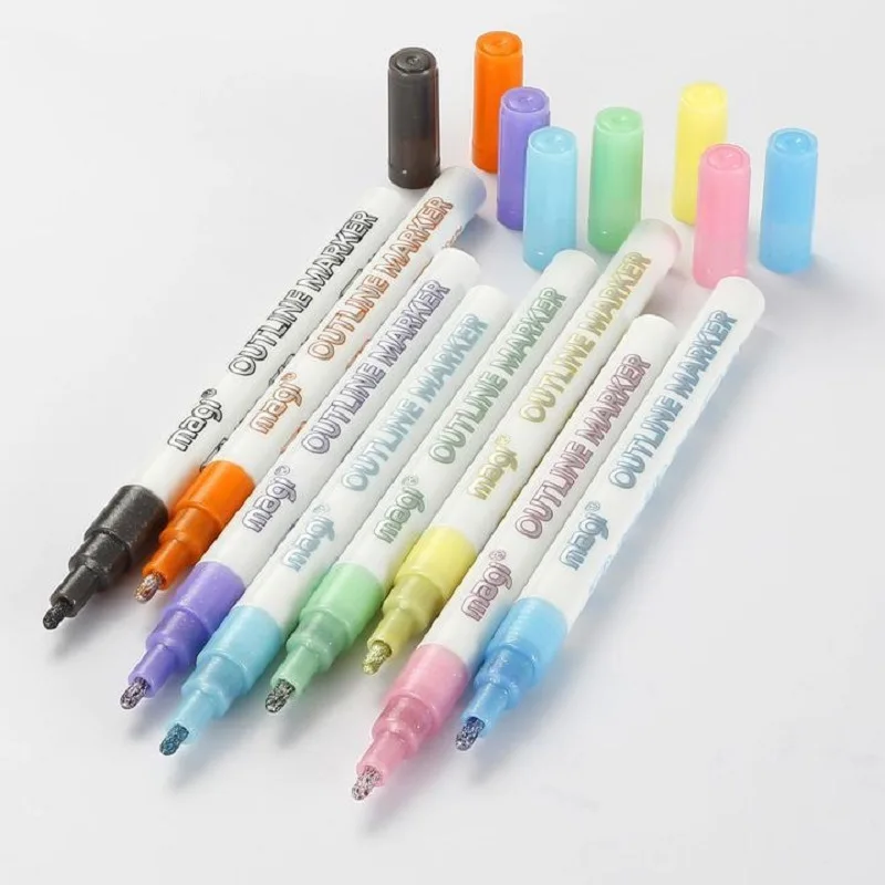 Double Line Fluorescent Paint Markers Glitter Marker Pen 12 Colors Whiteborad Round Toe Hand Account Outline | Канцтовары для офиса