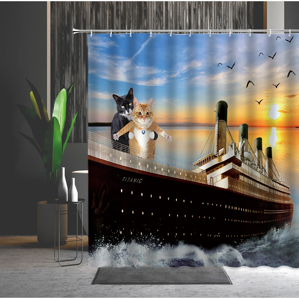 

Funny Animal Shower Curtain Cute Cat And Dog Creativity Pattern Bathroom Decor Washable Fabric Bath Hanging Cloth Curtains Set