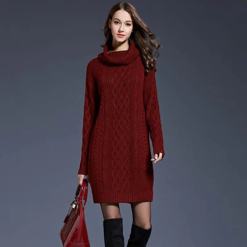 Винтажная водолазка длинный вязаный женский пуловер платье свитер ретро осень