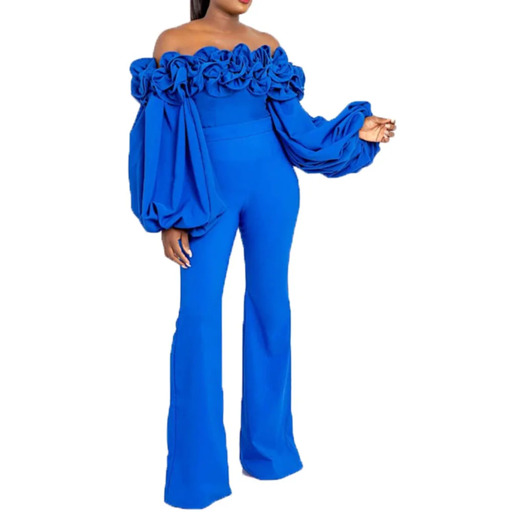 

Fall Clothes For Women 2020 Fashion Hot Sexy Blue Off Shoulder Pleated Puff Long Sleeve One Piece Outfit Jumpsuit Romper Party