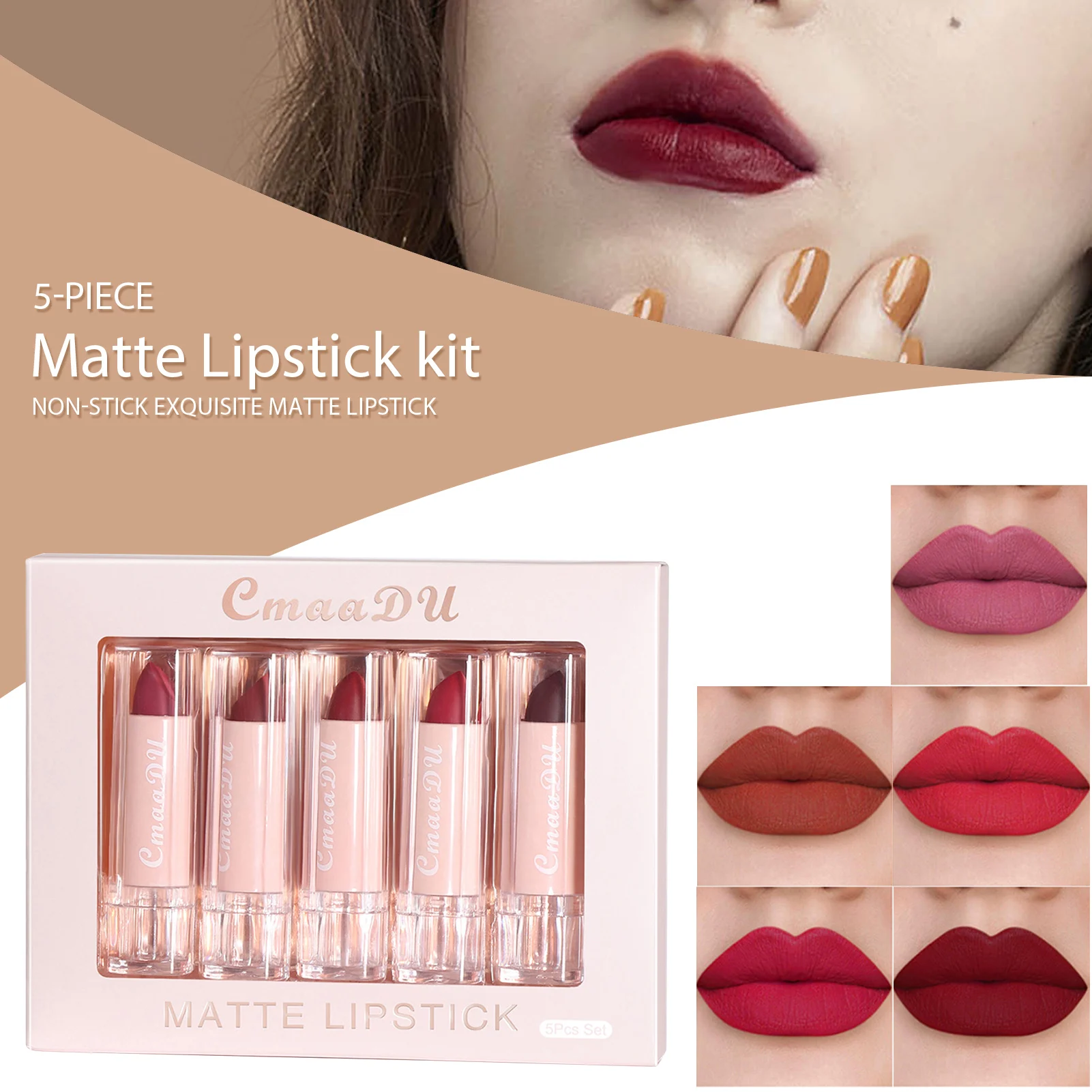 

Набор помады для макияжа, 5 цветов, набор косметических помад, тинт для губ, антипригарная чашка, водостойкая матовая стойкая помада для маки...