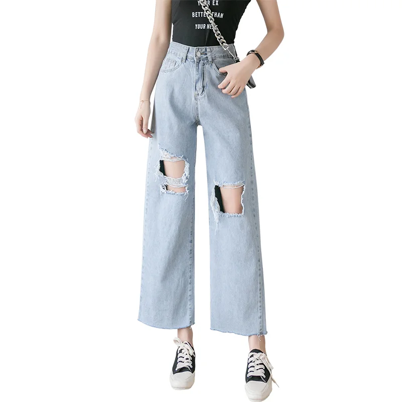 

Jeans Woman High Waist Plus Size Stretch summer autumn ninth Length Skinny loose denim Pants for women hole blue