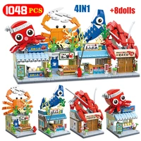 1048pcs city 4 in 1japanese street view seafood store style architecture building blocks friends figures bricks toys for kids