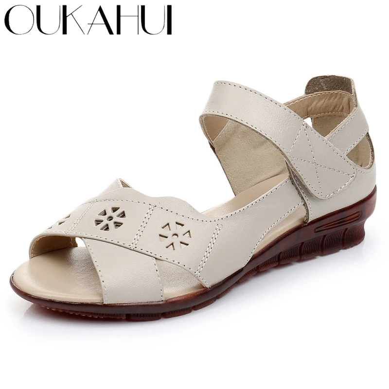 Женские сандалии OUKAHUI из натуральной кожи мягкие босоножки на липучке с