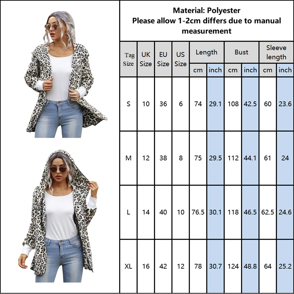 

Women Coat Top Long Sleeve Hooded Autumn Warm Open Stitch Outwear Casual Fashion Fashion Leopard Printed Tops Femme Coat D30