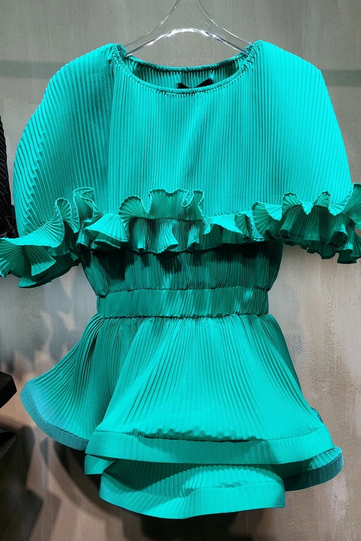 

2021 Summer New High Waist Slim Chiffon Ruffles Patchwork Top For Female Solid Color Round Neck Sleeveless Pullover Shirt Women