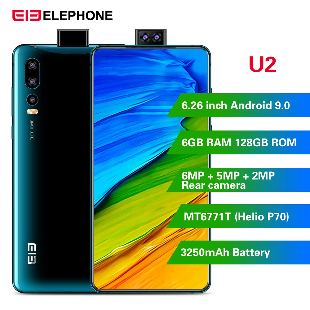 Смартфон ELEPHONE U2 4G, 6,26 дюймов, Android 9,0, 6 ГБ ОЗУ, 128 Гб ПЗУ, 16 МП, 5 Мп, 2 МП, всплывающие камеры, встроенные мобильные телефоны емкостью 3250 мАч