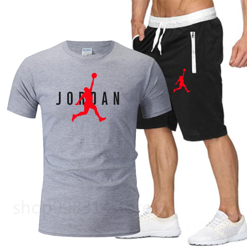 

2021Summer Men's T-shirt Set 2-piece Men's Sportswear Suit Basketball Sports Fitness Jordan-23 Printed Short Sleeve + Men's Suit