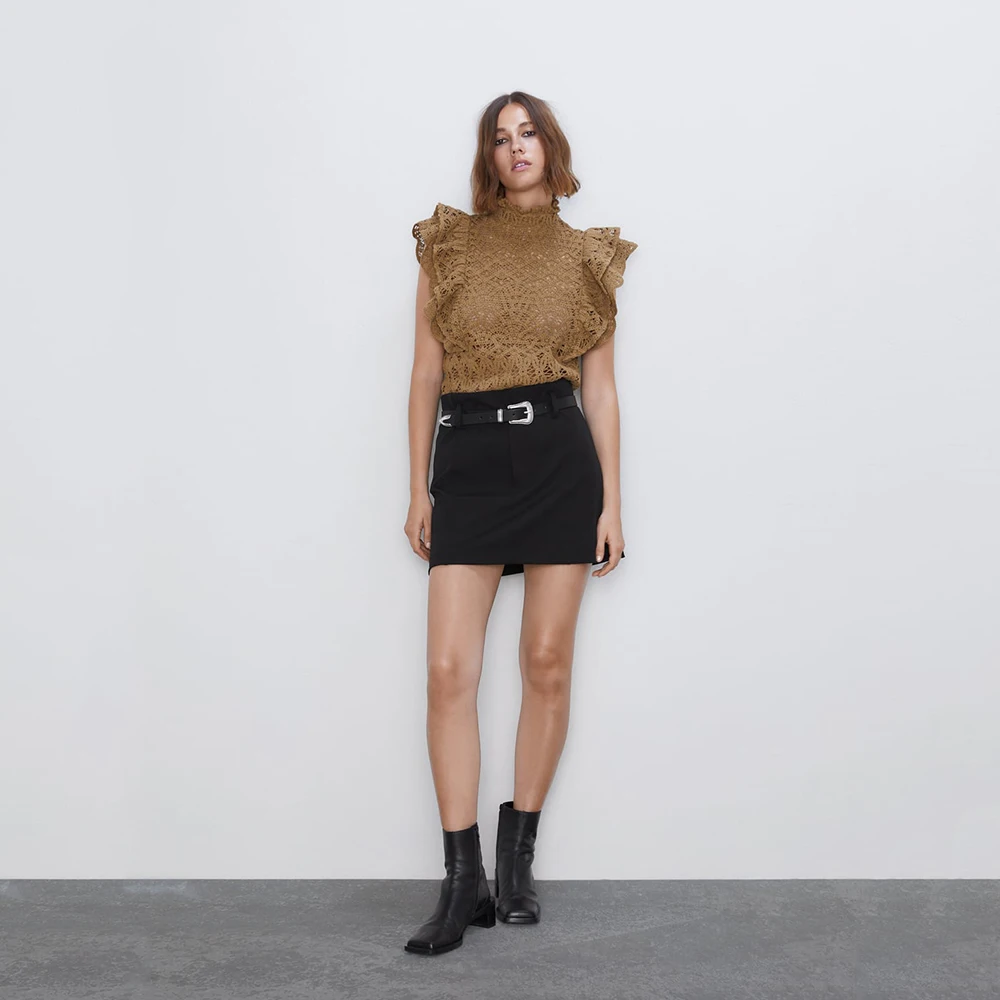 2019 Новинка ZA коричневый свитер блузка стоячий воротник без рукавов текстура