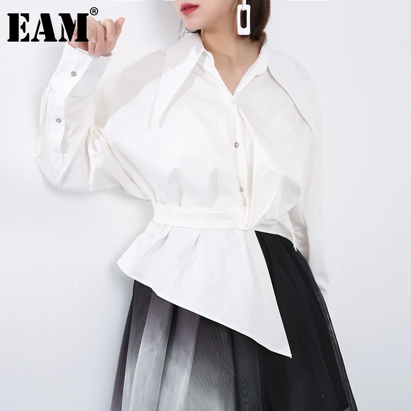 

[EAM] Женская белая Асимметричная бандажная короткая блузка, новая свободная рубашка с отворотом и длинным рукавом, модная весенне-осенняя 2022...