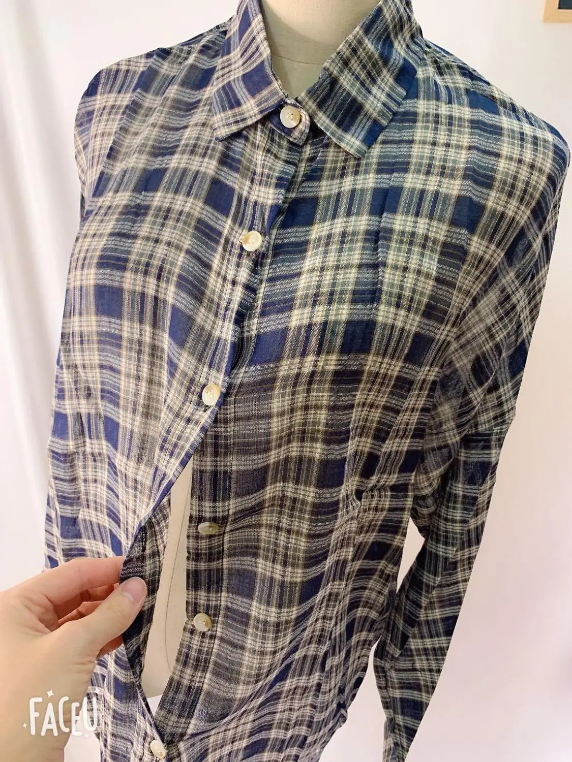 

Loose long sleeved shirt New collar Plaid blue shirt Summer Tops femme Casual Women Cotton Girls Blouse Plus Size Women Blouses
