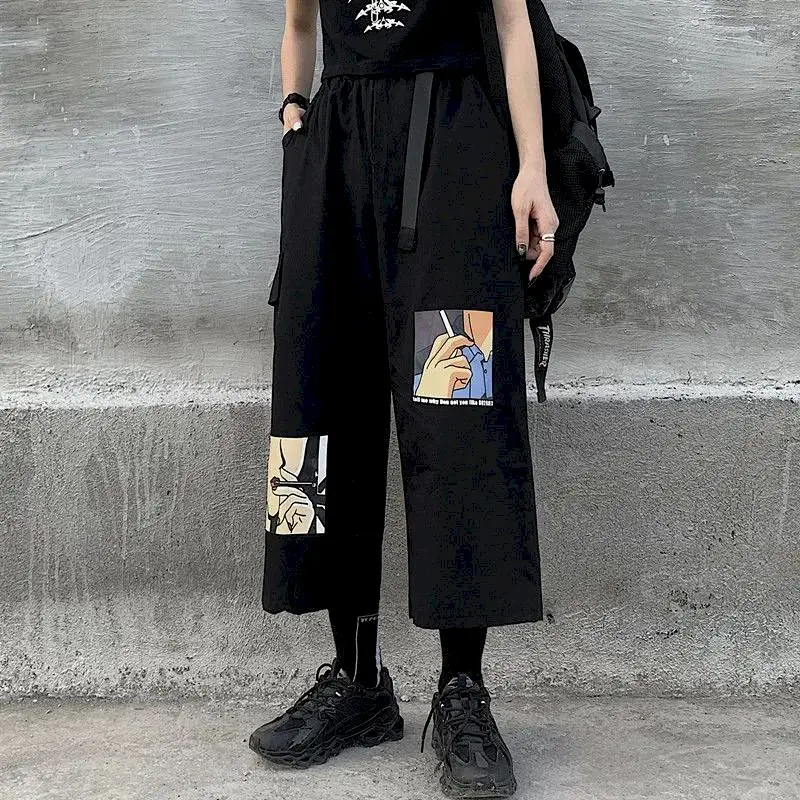 

wide-leg pants men and women 2021 new summer overalls Korean Harajuku students loose high waist casual cropped straight pants
