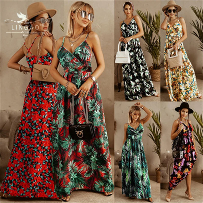 

Sexy Dresses Woman Summer 2021 New Fashion V-Neck Sling Floral Dress Ladies Bohemian Beach Print Dress Casual Basic Clothing