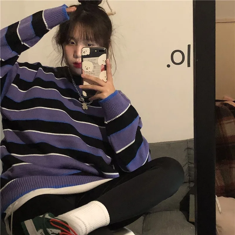 

KOSAHIKI 2021 Spring Japanese Striped Sweater Casual Harajuku Vintage Ropa Mujer Fashion Loose Tops O Neck Women Clothing 11a006