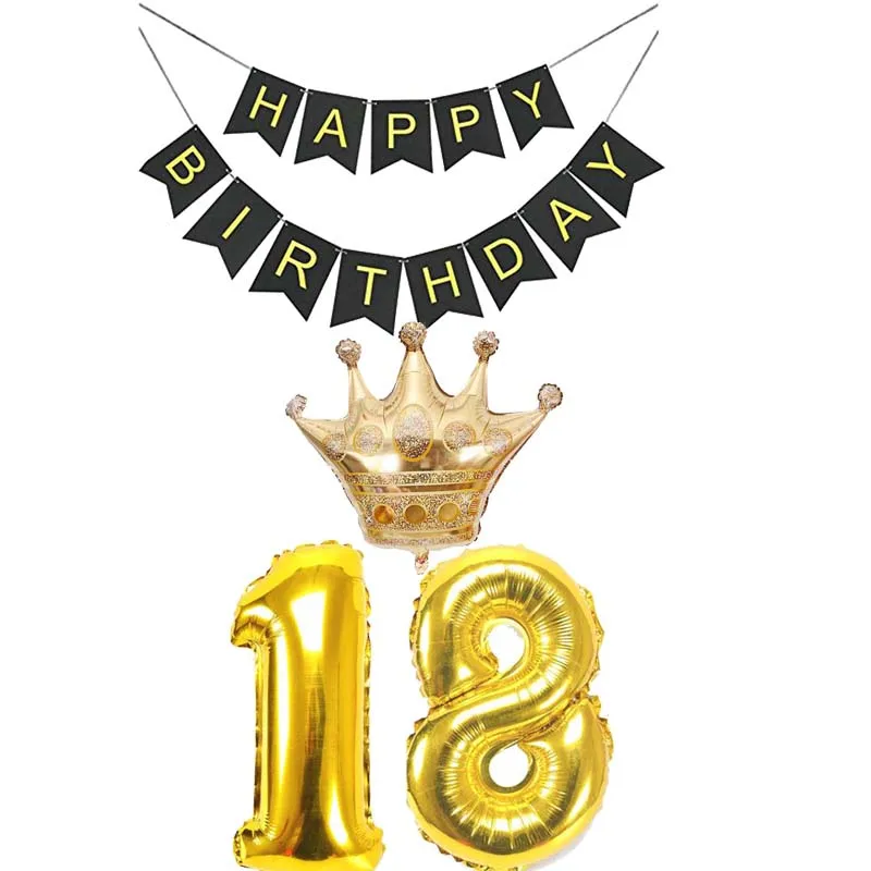 Золотые шарики короны Черный счастливый баннер для детей 10 16 18 20 21 30 40 50 60 70 80 лет