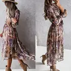 Женское винтажное платье-рубашка с цветочным принтом, V-образным вырезом и длинным рукавом