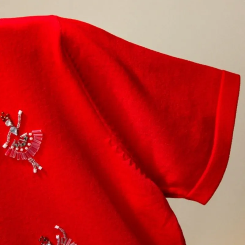 

Summer Women Knitted Short Sleeve Dress Cartoon Beading Casual Slim Fit Beach Dress Lapel Collar Mini Length Solid Color Dresses