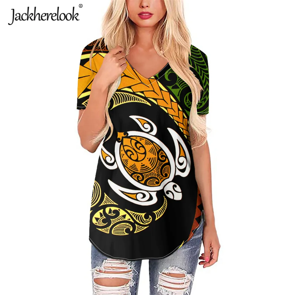 

Jackhereluk женская блузка, летние топы, Черепашки, полинезийские, с этническим принтом, повседневные блузки Harajuku, женские рубашки с коротким рук...