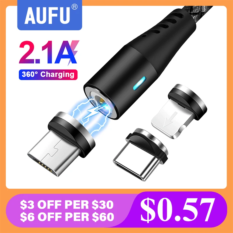 Магнитный кабель AUFU Micro USB Type C для iPhone Xiaomi мобильный телефон быстрой зарядки