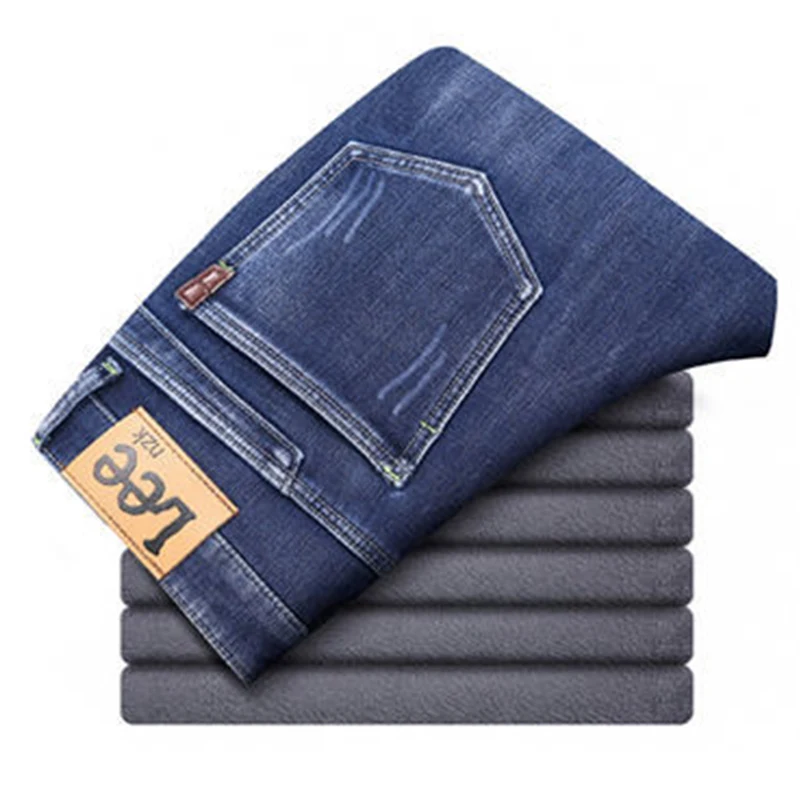 2021 Winter New Men Warm Slim Fit Jeans Business Fashion Thicken Denim Trousers Fleece Stretch Pants Black Blue