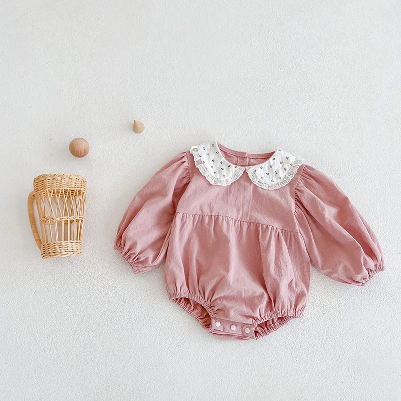 

Spring Cherry Print Doll Collar Cute Baby Girls Rompers Solid Color Lantern Sleeves Jumpsuit Kids Clothes Triangle Romper Pink