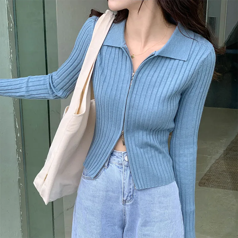 

5colors korean style Women spring Autumn 2021 Double Zipper short Cardigan Sweater coat Female Outwear Slim Knitted tops (X2104