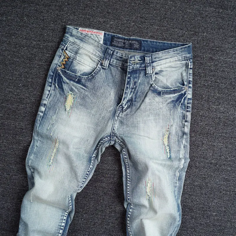 Korean Style Fashion Men Jeans Retro Light Blue Elastic Slim Fit Ripped Jeans Men Embroidery Designer Casual Denim Pencil Pants