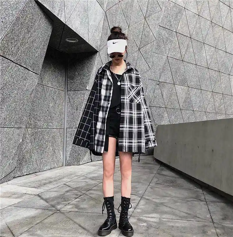 NiceMix Harajuku женские рубашки с длинными рукавами в клетку в стиле пэчворк BF женские блузки с отложным воротником в Корейском стиле Mujer блузка