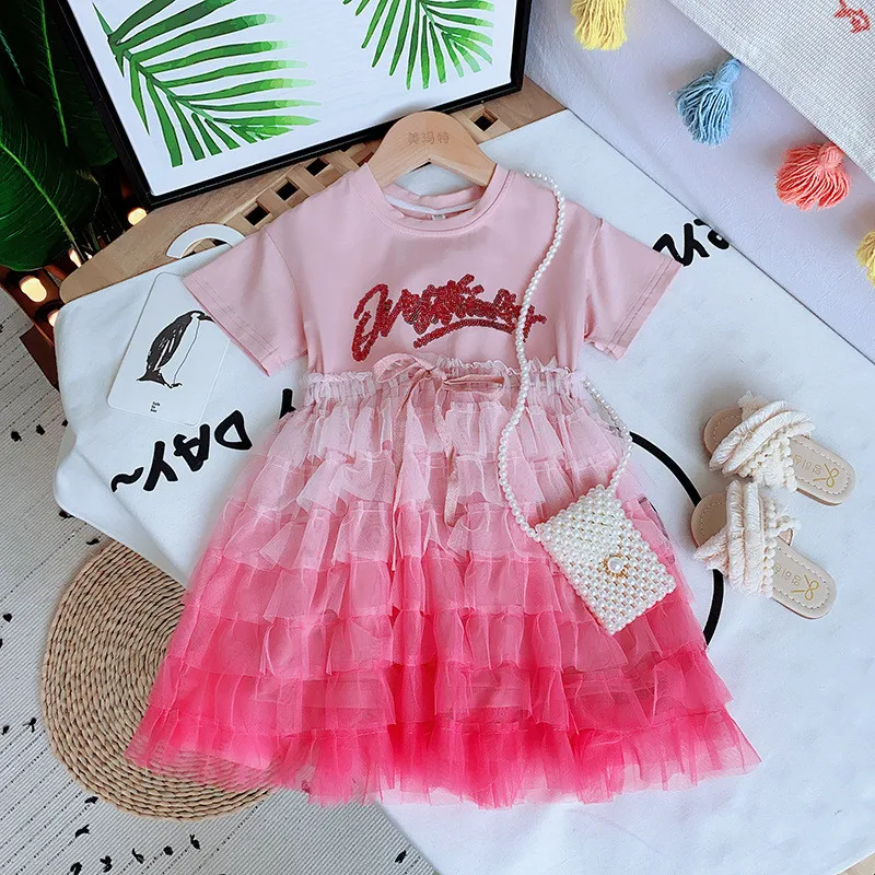

Baby Girl Layer Mesh Dress Sequins Knee Length Pink Purple Summer Girl Vestido Party Birthday Dress Patchwork Mesh Clothes 2-8Y