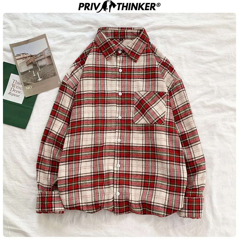 Privathinker 2020 Men Woman Japanese Spring Plaid Shirt Lady Korean Streetwear Loose Shirts Female Office Vintage Clothes | Женская