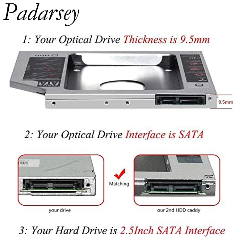 Padarsey 9 5 мм SATA 2-й SSD HDD жесткий диск адаптер лоток для ноутбука DELL HP Lenovo ThinkPad ACER Gateway