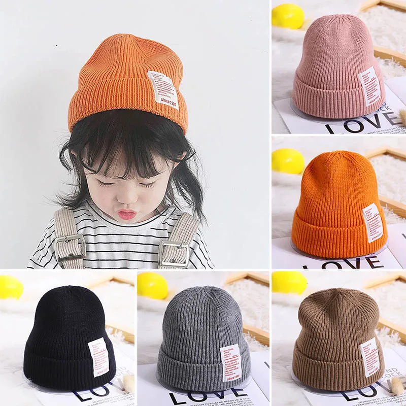 Warm Kids Winter Hats for Children Knitted Cap Solid Color Soft Crochet Boys Girls Beanie Hat