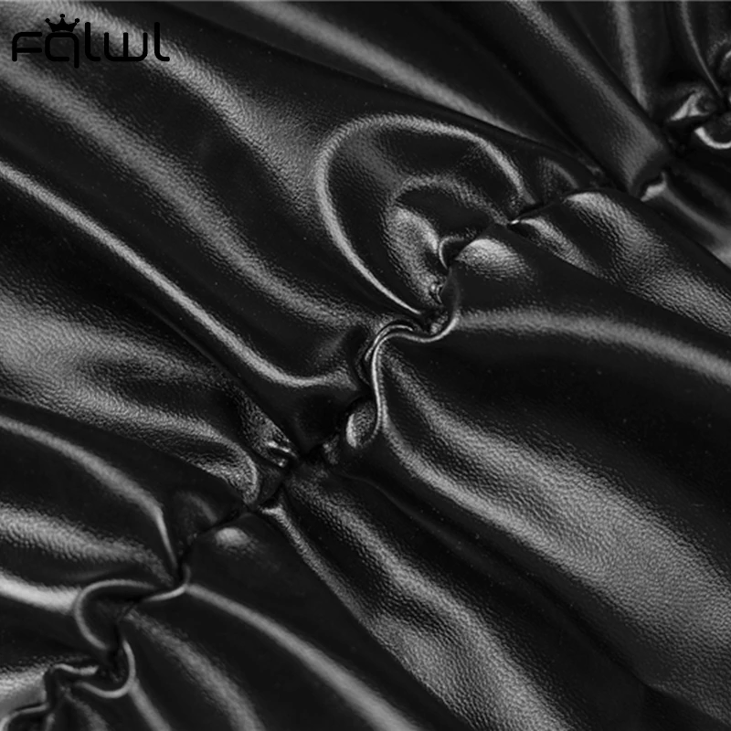 

FQLWL Black Leather Sleeveless Crop Top Ruched Bandage Mini Skirt Bodycon 2 Piece Set Women Outfits Summer Sexy Party Skirts Set