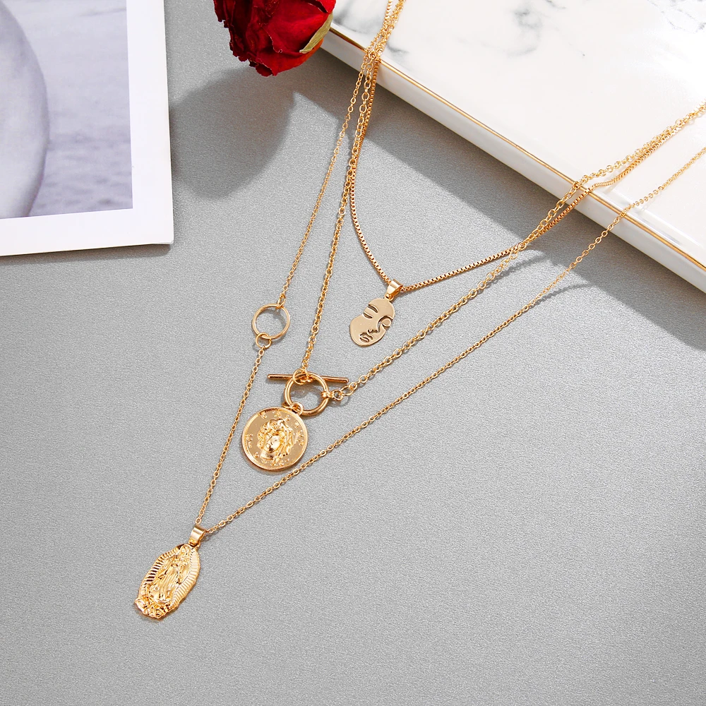 DAXI Punk Multi Layered Choker chain Necklace collar mujer Statement Virgin Mary Coin Pendant chains Women Jewelry | Украшения и