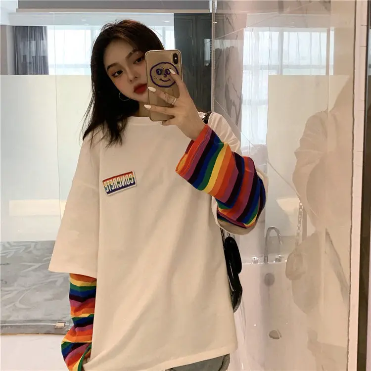 

Striped Bf Top Fake Two Piece Shirt Women Spring and Summer Harajuku Korean Casual College Shirts Women T- Long-Sleeved Loose