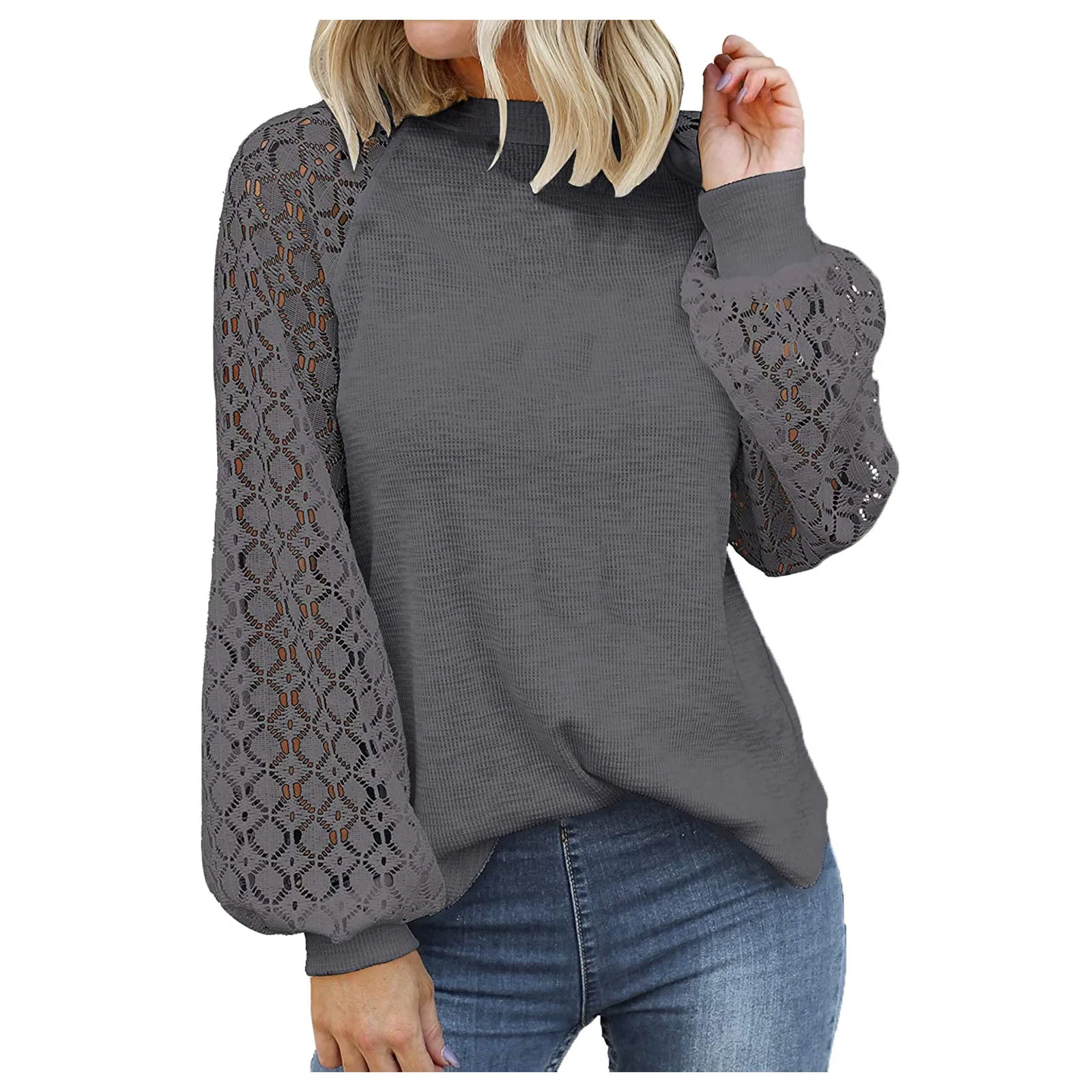 

Fashion Women Lace Patchwork Sweatershirt Lantern Long Sleeve O-neck Pullover Top Autumn Casual Female Clothing Sudaderas#fs