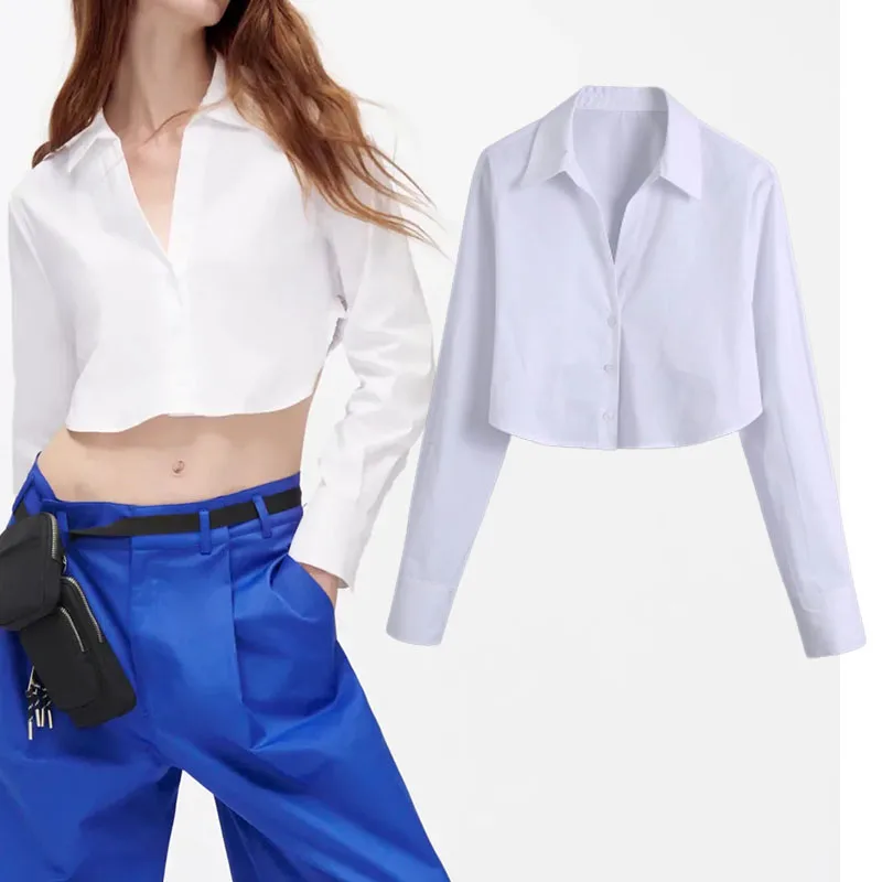 

Xypskh Za Women 2021New Fashion Poplin Cropped Blouses Vintage Long Sleeve Button-up Rear Elasticity Female Shirts Chic Tops