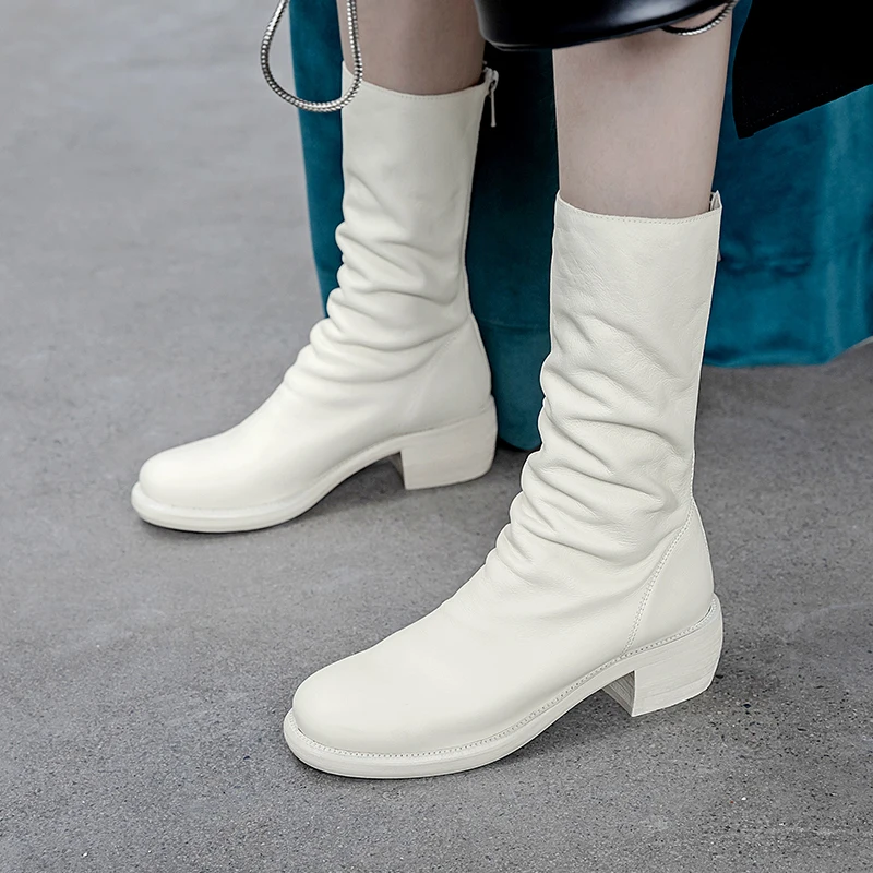 

2019 top quality genuine leather boots women zip round toe autumn Motorcycle western Boots vintage punk Mid-Calf Boot