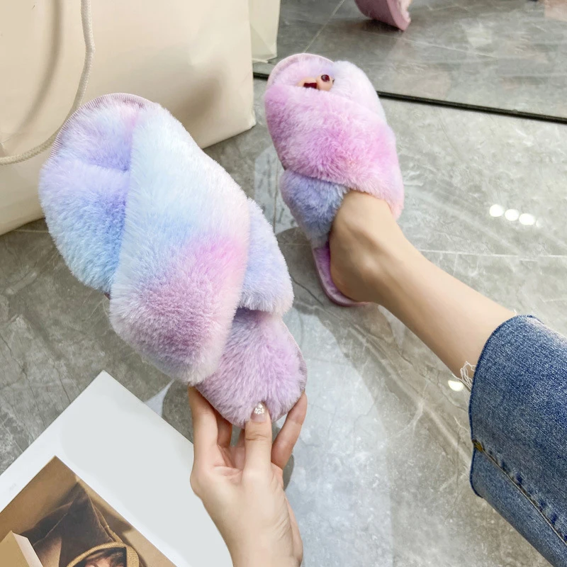 

Rainbow Colored Winter Women House Slippers Faux Fur Fashion Warm Shoes Woman Slip on Flats Female Slides Furry Home Slippers