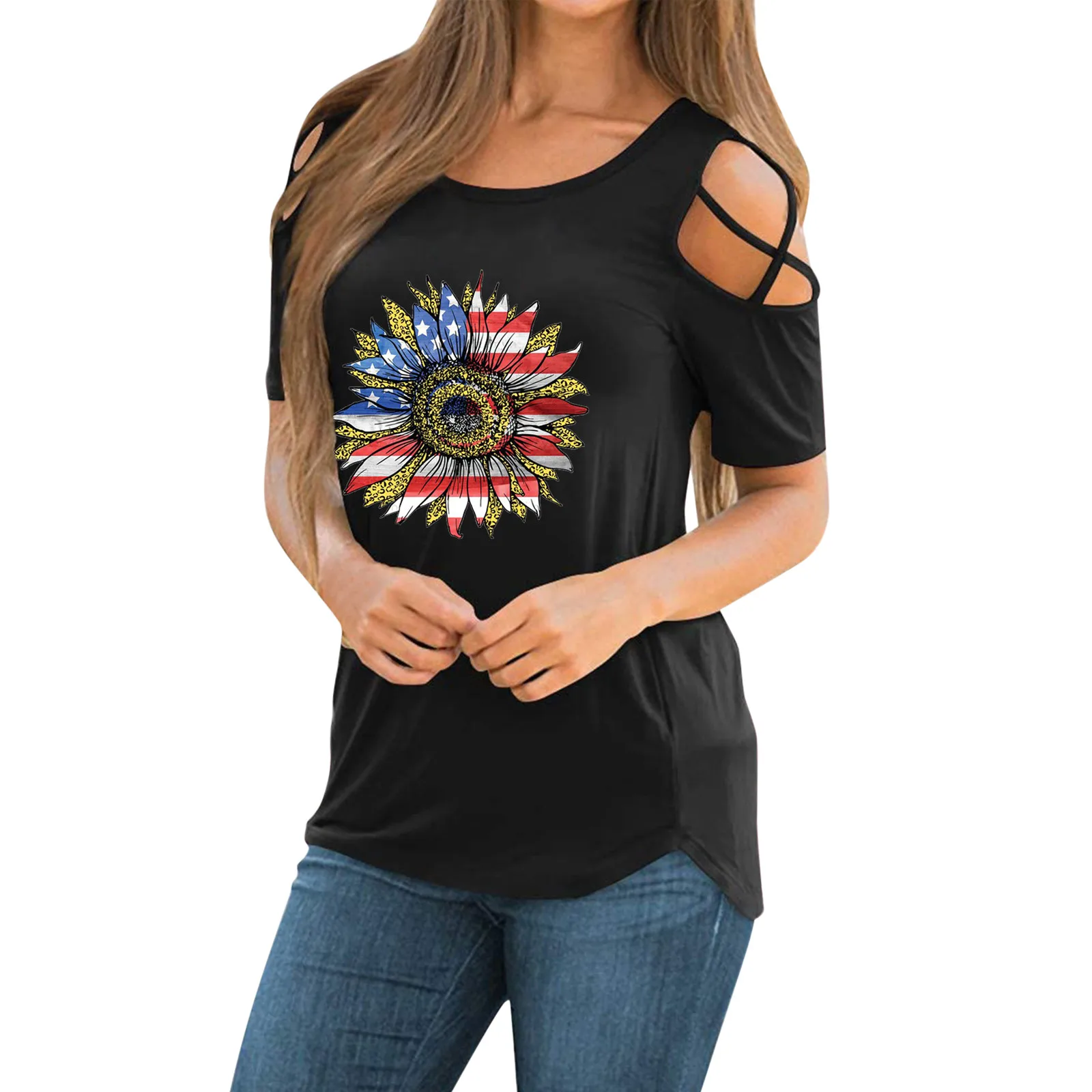 

Женские футболки с принтом флага США, Летняя туника на бретельках с коротким рукавом и открытыми плечами, свободные футболки с графическим ...