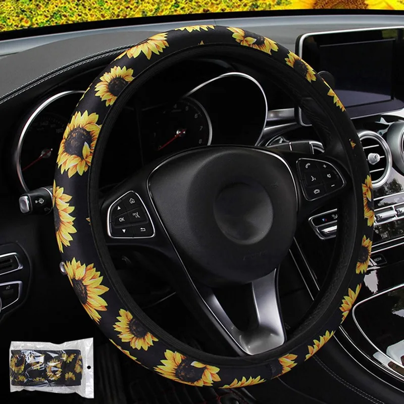 

Universal Four Season Auto Steering Wheel Case Sunflower Printed Car Steering Wheel Cover Protector Car Interior Decoration