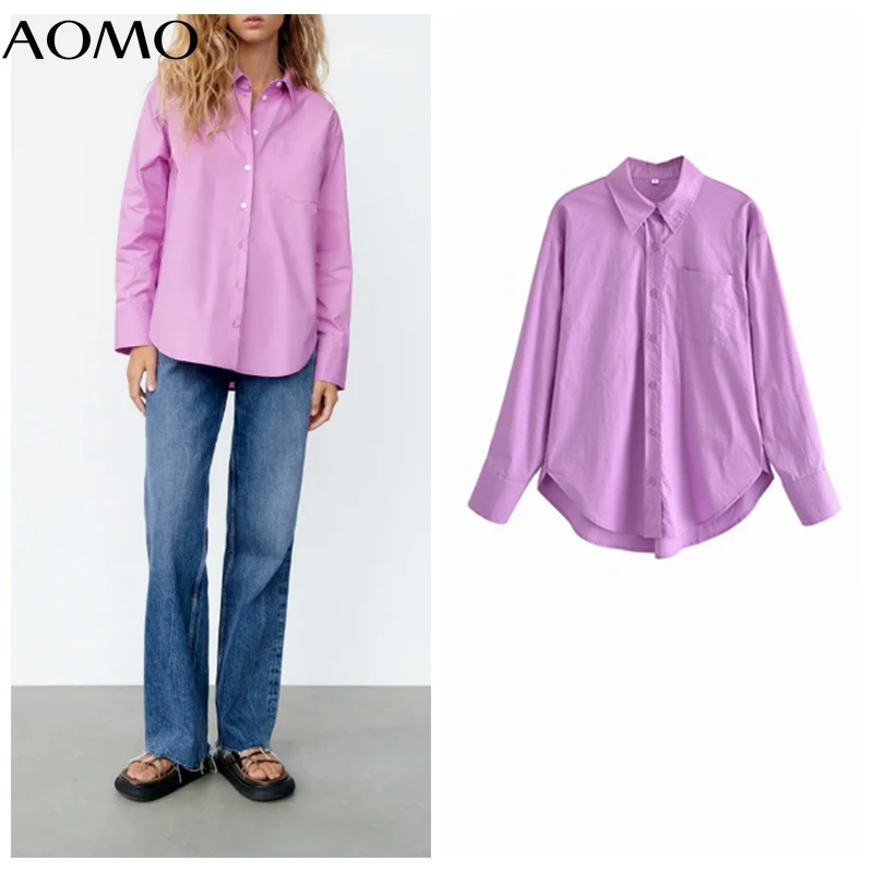 

Женская однотонная хлопковая рубашка AOMO с длинным рукавом, модель 2022 года, шикарная Женская свободная рубашка в стиле High Street SW9A