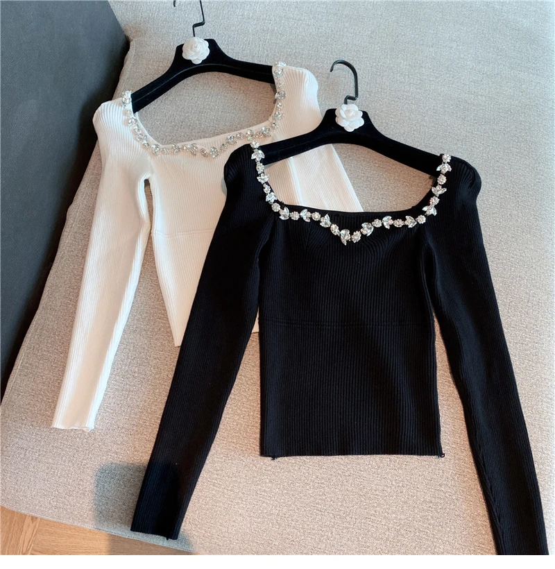 

2020 Winter New Skinny Slim Rhinestone Collar Long-Sleeved Sweater Bottom Shirt for Women Stretch Knit Shirts Girls Knitted Tops
