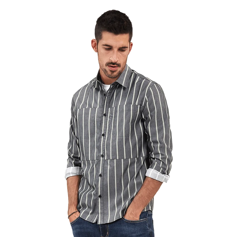 

KUEGOU Blended Cotton Spring Autumn Men's Shirt Long Sleeve Fashion Gray Striped Shirts Men Top Contrast Color Plus Size 20504